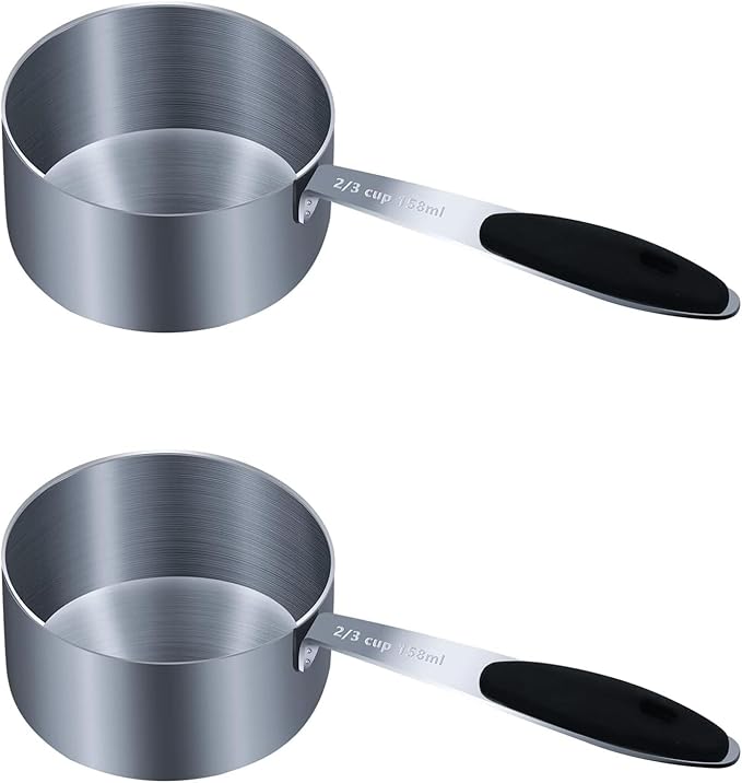 2PCS 2/3Cup (158ml, 5.4oz) Single Measuring Cup with Black Silicone Grip, Stainless Steel Individual Measure Scoop Only