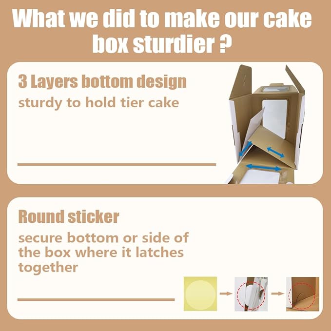 2 Pack Cake Boxes with Cake Boards and Cake Stickers, 12 Inch Tall Cake Carrier with Window&Handle, Layer Cake Box, Disposable Cake Containers/Carrier for Wedding Birthday