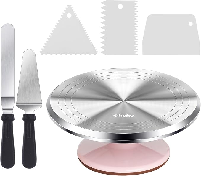 Ohuhu Cake Turntable, Aluminium 12'' Cake Decorating Kit Supplies Rotating Stand Revolving Spinner with 2 Icing Spatula 3 Comb Smoother Christmas Gifts
