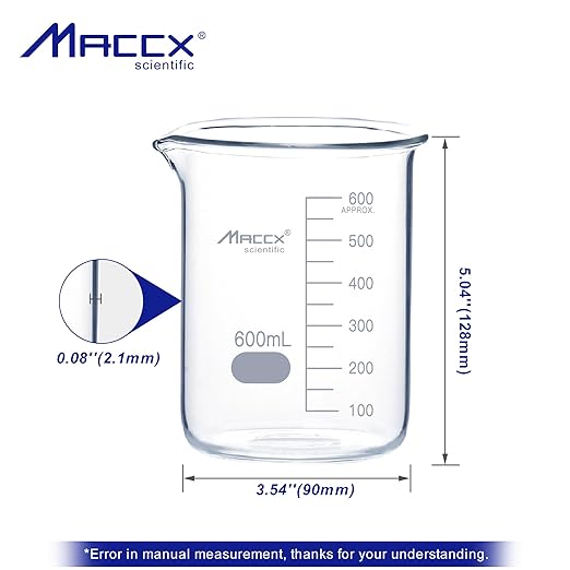 20.3oz(600ml) Sturdy Glass Beaker, 3.3 Borosilicate Griffin Low Form with Printed Graduation, Pack of 6, BKL600-006