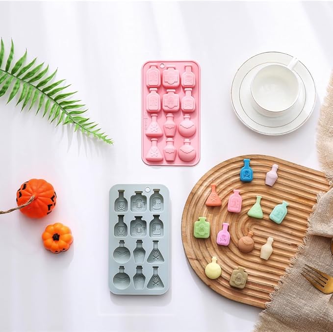 2 Pack 3D Apothecary Potion Bottle Silicone Molds 12 Cavity Halloween Themed Baking Mould Tray DIY Baking Tool for Chocolate Cake Dessert Candy Mousse Pastry Handmade Soap Crayons Cupcake Topper