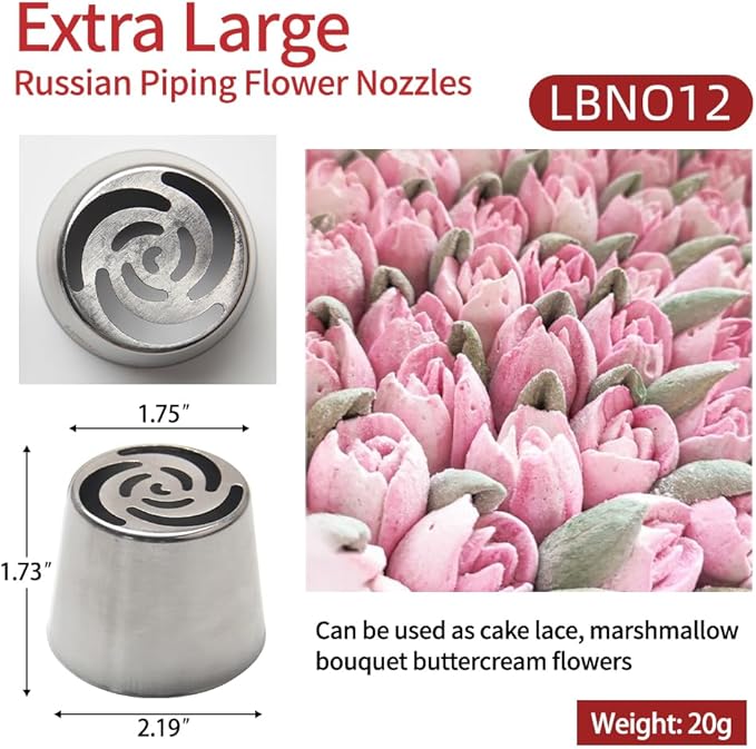 Extra Large Russian Piping Tip Set - 6 Stainless Steel Marshmallow Buttercream Framing Nozzles for 3D Roses Tulip Cake Decorations and Marshmallow Bouquets, Includes 1 Cleaning Brush(6C)
