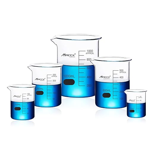Sturdy Glass Beakers, 5 Sizes of 50ml 100ml 250m 500ml 1000ml,3.3 Borosilicate Griffin Low Form with Printed Graduation, BKLS02-005