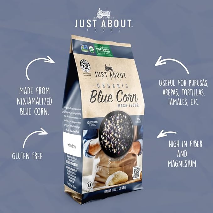 Just About Foods Organic Blue Corn Flour | USDA Organic | Gluten-Free, Kosher and Vegan | 1 LB (454 g) Pack of 2