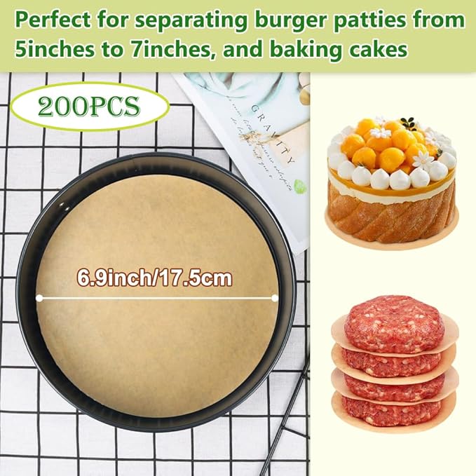 BYKITCHEN 7 Inch Parchment Paper Rounds, Set of 200, Hamburger Patty Paper/Burger Press Liners, Non Stick Round Cake Pan Liners for Smash Burger Press, Burger Patty Maker, Springform Pan and More