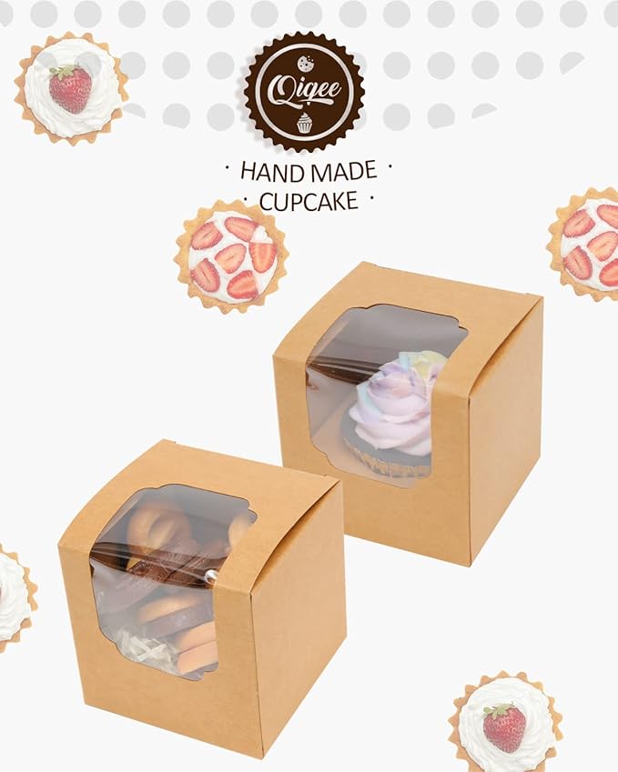 qiqee 60-Packs Cupcake Boxes Auto-pop up Individual Cupcake Container Brown Kraft 3.5" x 3.5" x 3.5" Single Cupcake Boxes