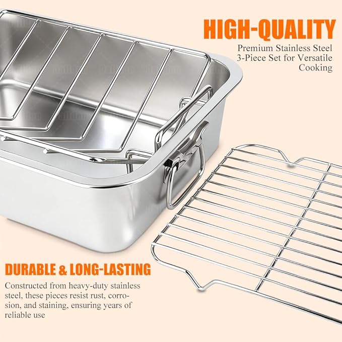 15.5 Inch Stainless Steel Roasting Pan with V-Shaped & Flat Cooling Rack, 6 PCS Set with Meat Claws Pastry Brush, Heavy Duty Deep Turkey Roaster Oven Safe Dishwasher Safe for Chicken Ham Lasagna