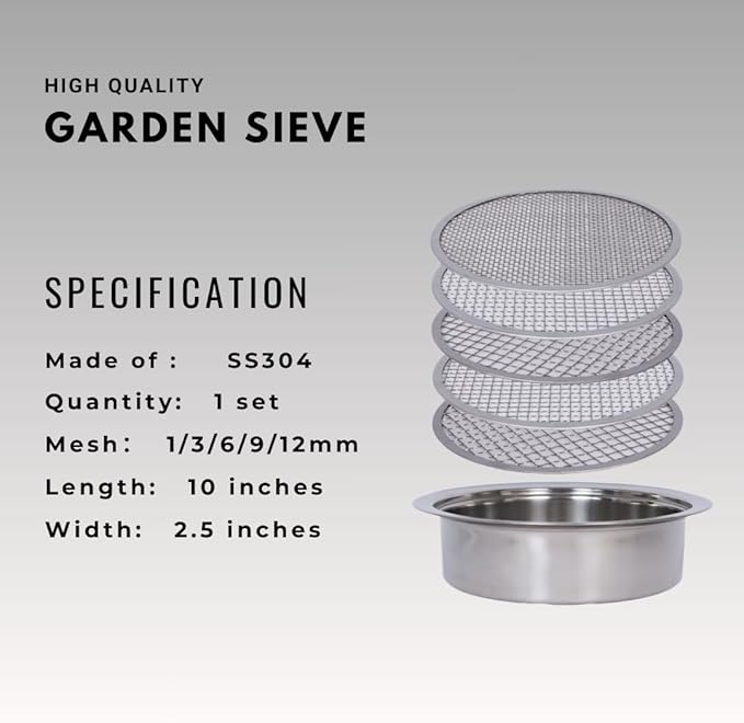 Soil Sifter Set for Garden with 5PCS Mesh(1,3,6,9,12mm) Sieve for Rocks and Sand