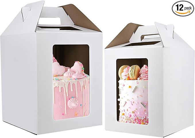 KBG Tall Cake Boxes 12 Pcs 12x12x14 and 14x14x16 Inches With Window and Handle,Disposable Large Tiered Cake Carrier Cake Containers 12Inch 14 Inch