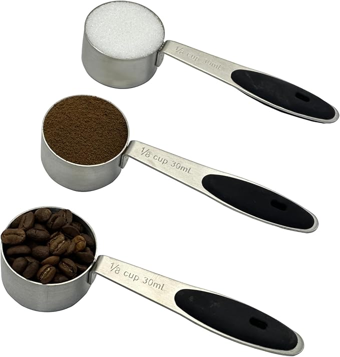 2pcs Stainless Steel Coffee Spoon with Black Silicone Handle Measuring Cup 1/8 Cup (2 Tbsp/30 ml/30 cc/1 oz)