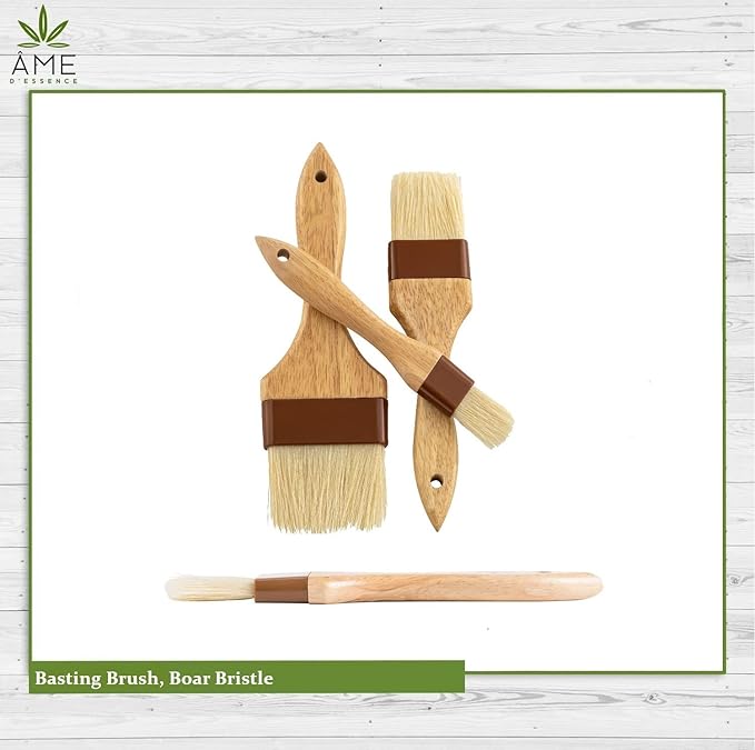 (Set of 3) AME D'ESSENCE 1"x 2" x4" Wide Boar Pastry Brushes, Wooden Handle, Heat Resistant Bristle Basting Brush, Baking Tool, and Food Preparation