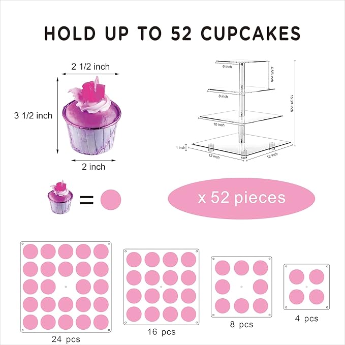Cupcake Stand, 4-Tier Square Cupcake Holder with LED Light String, Acrylic Cupcake Tower Display-Dessert Tower-Pastry Stand-Cupcake Tier Stand for Wedding, Birthday Party ( Pink Light)…