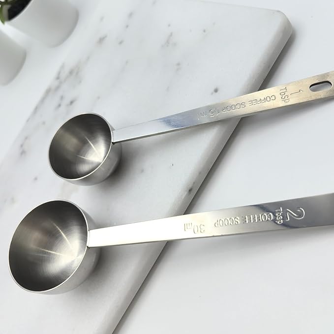 Long Handle 304 Stainless Steel Coffee Measuring Spoon Multi-Purpose Set Silver 2 Pieces 1 Tablespoon (15ml) and 2 Tablespoons (30ml)