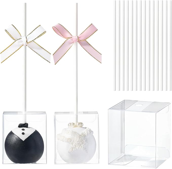 100 Pack Clear Treat Boxes (1.75"x1.75"x2") with Lollipop Sticks - Bulk Cake Pop & Candy Packaging for Weddings, Birthdays & Party Favors