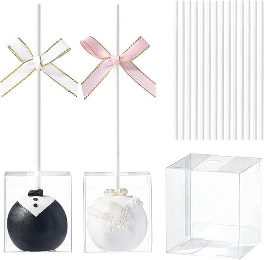 100 Pack Clear Treat Boxes (1.75"x1.75"x2") with Lollipop Sticks - Bulk Cake Pop & Candy Packaging for Weddings, Birthdays & Party Favors