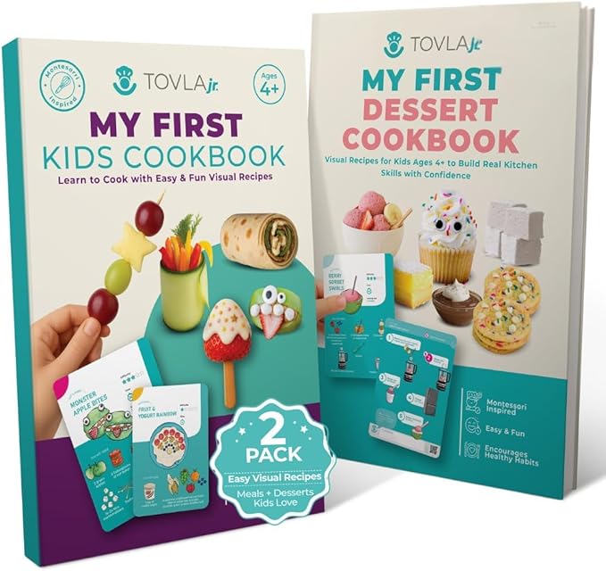 Tovla Jr. My First Visual Cookbook Set for Kids | 2 Recipe Books for Real Cooking | Healthy Swaps | Montessori Learning Gift for Girls and Boys Ages 4–12 | Christmas and Birthday Gift