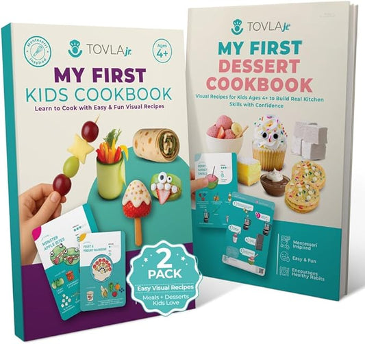 Tovla Jr. My First Visual Cookbook Set for Kids | 2 Recipe Books for Real Cooking | Healthy Swaps | Montessori Learning Gift for Girls and Boys Ages 4–12 | Christmas and Birthday Gift