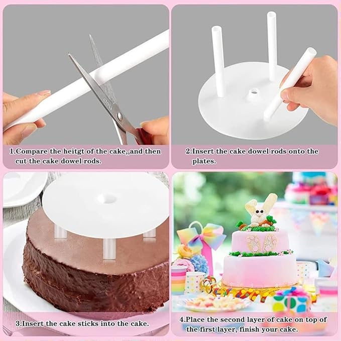 28-Piece Dowel Rods Set Includes 12 White Plastic Rods and 4 Separator Plates For 4, 6, 8, 10 Inch Cakes