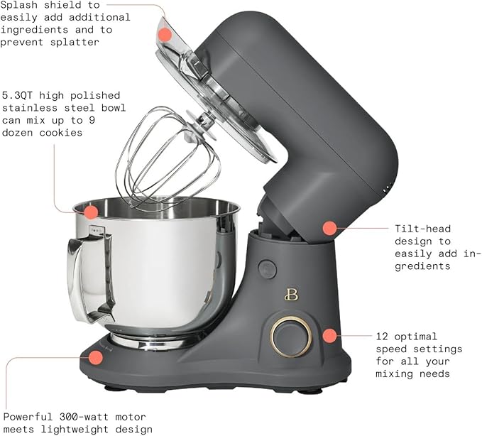Beautiful 5.3QT Stand Mixer, 300W, 12 Speeds, Tilt-Head, Dishwasher-Safe, Splash Shield, Stainless Steel Bowl, Premium Matte Finish, for Baking & Cooking (Oyster Gray)