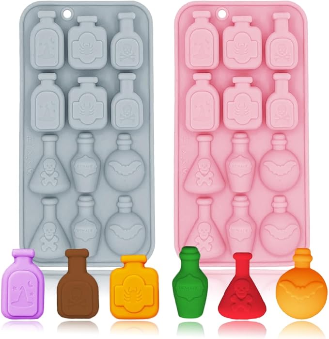 2 Pack 3D Apothecary Potion Bottle Silicone Molds 12 Cavity Halloween Themed Baking Mould Tray DIY Baking Tool for Chocolate Cake Dessert Candy Mousse Pastry Handmade Soap Crayons Cupcake Topper