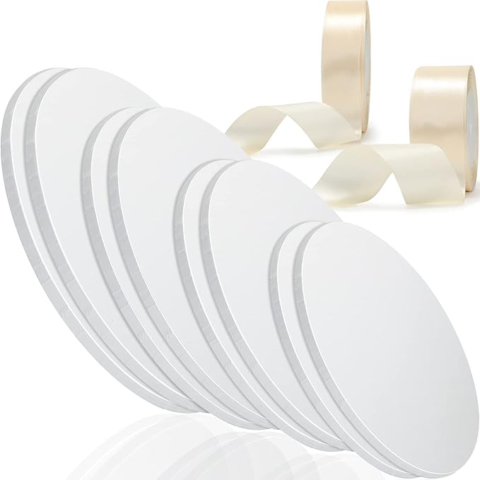 8 Pieces Cake Drums Boards Round Sturdy Cake Drum with 2 Pieces Satin Ribbon for Heavy or Multitiered Cakes (6, 8, 10, 12 Inch)