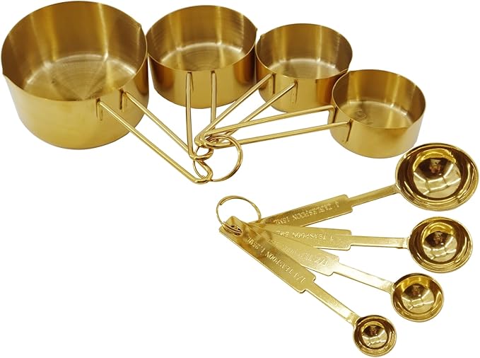 Gold 304 Stainless Steel Measuring Cup and Spoon Set, Stackable, 8-Piece, Long Handle for Narrow Bottles, Premium Gold Kitchen Utensils for and Cooking