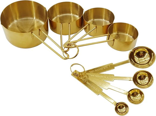 Gold 304 Stainless Steel Measuring Cup and Spoon Set, Stackable, 8-Piece, Long Handle for Narrow Bottles, Premium Gold Kitchen Utensils for and Cooking