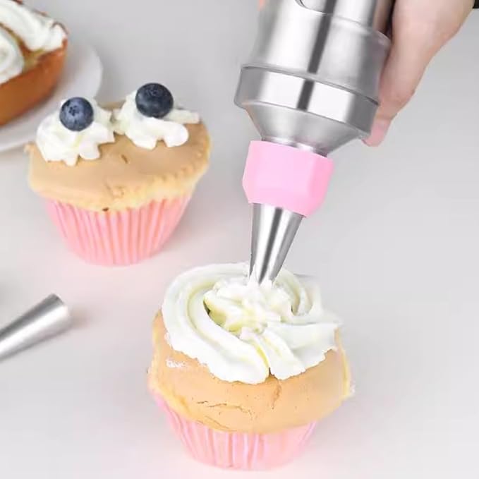 Dessert Decorating Syringe Set of 2, Frosting Piping Kit Stainless Steels Cake Decorating Kit with 12 Piping Tips Cupcake Decorating Kit Pink and Yellow