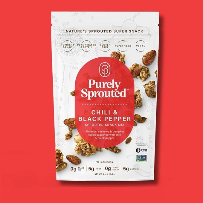 Purely Sprouted Chili & Black Pepper Snack Mix: Vegan, Gluten-Free, and Non-GMO Blend for a Healthy Crunch! (4 oz, 6 pack)