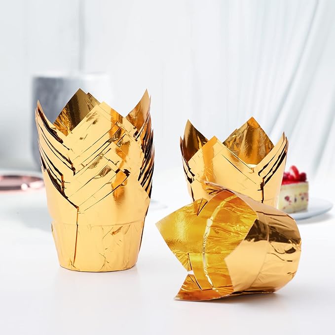 Party Hippo Gold Tulip Cupcake Liners 100 Pcs Baking Paper Cups Holders Greaseproof Muffin Cases Wrappers for Wedding Birthday Party Baby Shower (Gold)