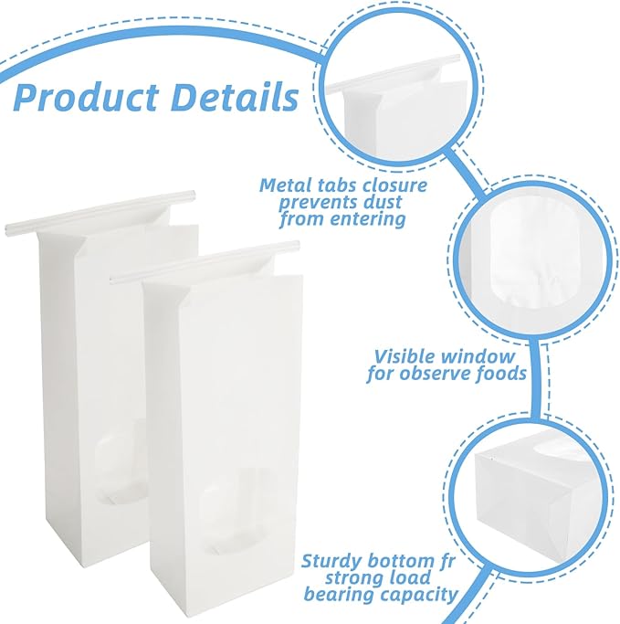 QTLCOHD 100Pcs Bakery Bags with Window 3.5 x 2.4 x 9.8 Inch White Paper Bread Bags Tin Tie Tab Lock Cookie Paper Treat Bag for Packaging Cookies Pastry Loaf Popcorn