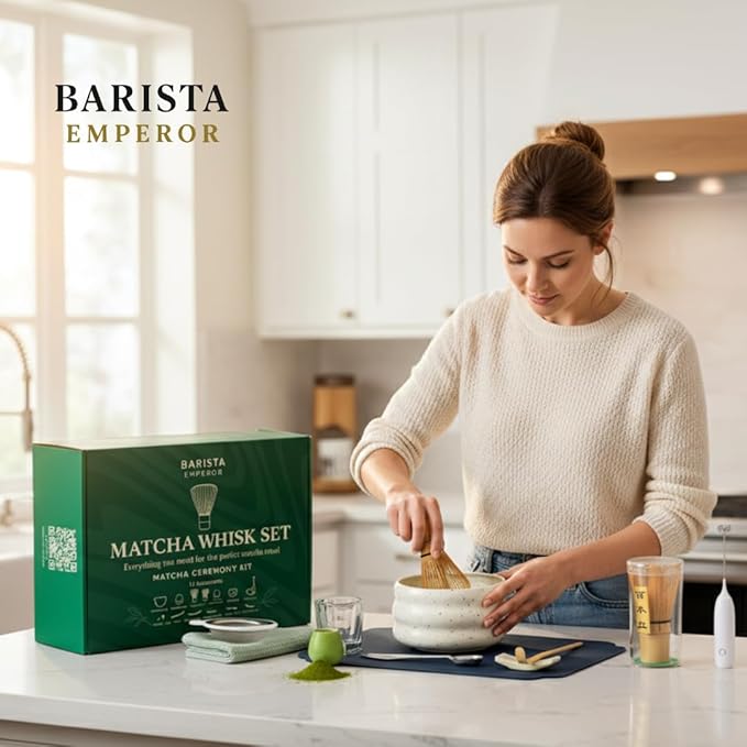 BARISTA EMPEROR® PREMIUM 11pcs MATCHA WHISK SET - Professional Matcha Kit Set with Matcha Bowl, Matcha Whisk, Milk Frother, Spoon, Matcha Sifter, Scoop, Scoop Stand, Measuring Cup, Tea Mat and Cloth
