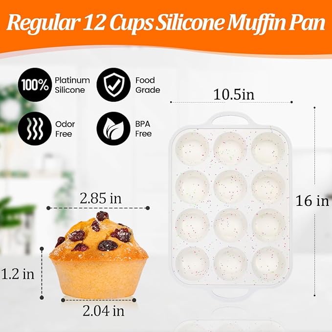 CAKETIME Silicone Muffin Pan, with Metal Reinforced Frame 2.8 Inch Regular Size Silicone Cupcake Pan Nonstick 12 Cups for Baking Homemade Muffins, Cupcakes, Egg Bites 2 Pack Dishwasher Safe BPA Free
