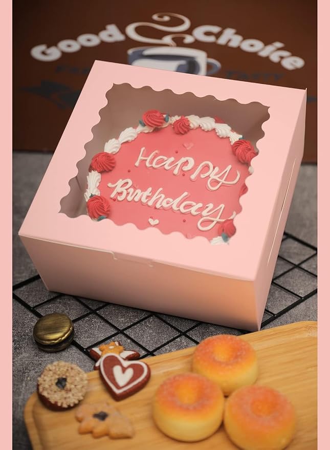 Bakepacker 36pcs 8x8x5 Inches with Window 18-Packs Pink 8 Inch Bakery Boxes (18 Cake Boxes +18 Cake Boards Included)