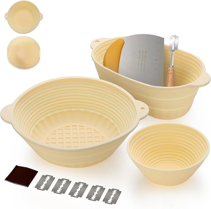 3Pcs Silicone banneton basket,Sourdough starter kit,Round 10" & Oval 10" & Round 5"(Yellow).Folds for Compact Storage,Non-stick,Dishwasher Safe,proofing baskets for sourdough baking.