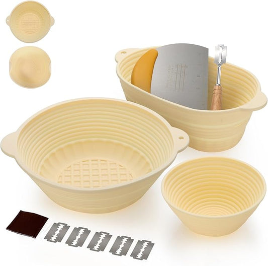3Pcs Silicone banneton basket,Sourdough starter kit,Round 10" & Oval 10" & Round 5"(Yellow).Folds for Compact Storage,Non-stick,Dishwasher Safe,proofing baskets for sourdough baking.