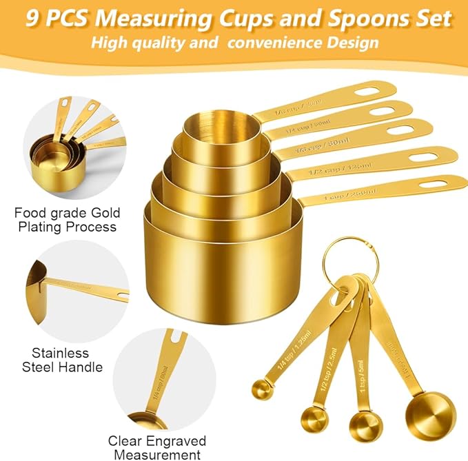 Gold Measuring Cups and Spoons, Set of 9, Including 4 Measuring Spoons, 5 Measuring Cups, Stainless Steel Kitchen Gadgets for Liquid & Dry Ingredients