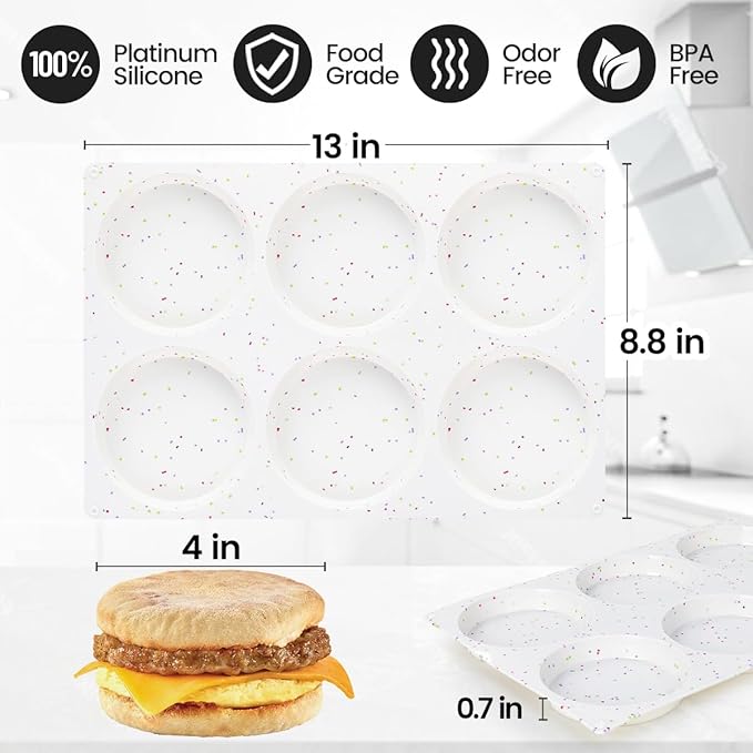 CAKETIME 4 Inch Muffin Top Pan, Silicone Molds for Breakfast Sandwiches, English Muffins, Whoopie Pies, Corn Bread, Egg Bites, Tarts - 2 Pack Confetti