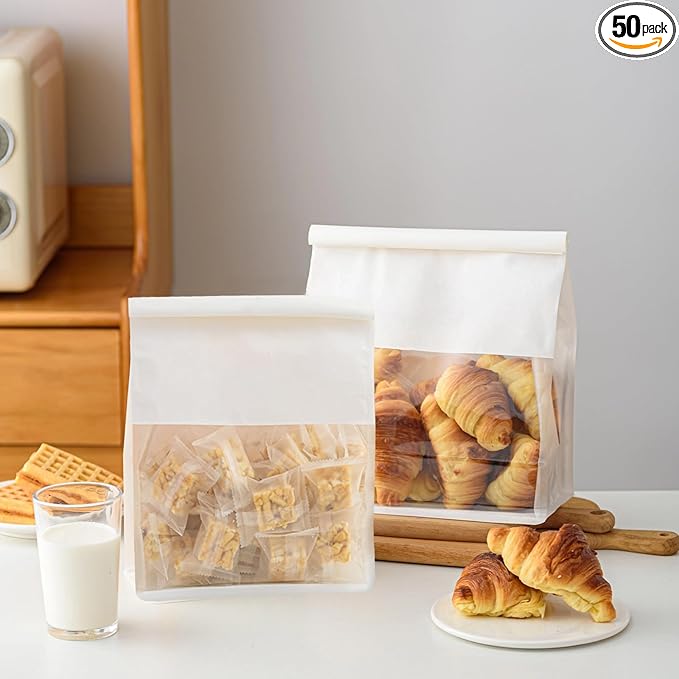 50 Pcs 6.3 Inch White Kraft Paper Bread Bags with Tin Tie, Medium Homemade Bread Packing Bag, Thickened Storage Bagel Bag with Clear Window for Sourdough, Baked