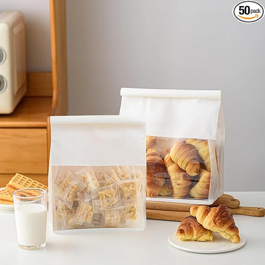 50 Pcs 6.3 Inch White Kraft Paper Bread Bags with Tin Tie, Medium Homemade Bread Packing Bag, Thickened Storage Bagel Bag with Clear Window for Sourdough, Baked