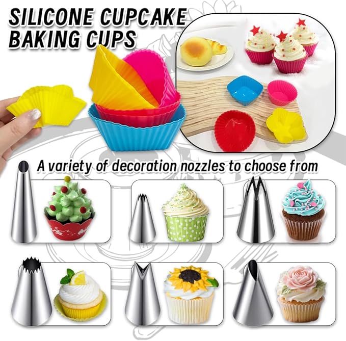 Dessert Decorating Syringe Set with 8 Silicone Cupcake Liners,Frosting Piping Nozzles Kit with 6Piping Tips,Stainless Steels frosting filling injector for Cookie,Cupcake Filler Tool,Dessert decorating