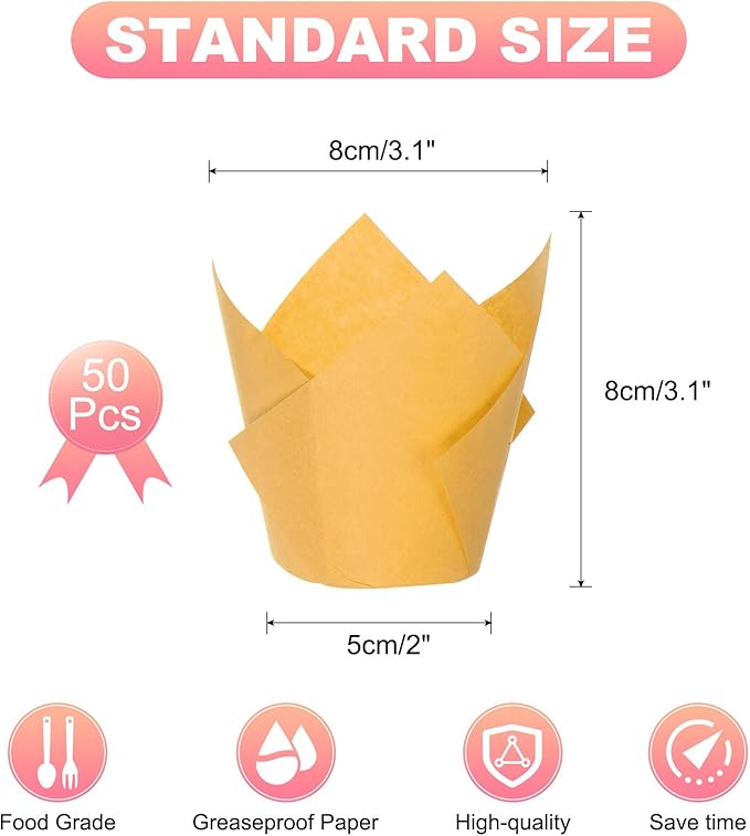 uxcell 50 Pcs Tulip Baking Cups Cupcake Muffins Liners Paper Greaseproof Wrappers for Wedding Birthday Party Festivals Christmas, Yellow