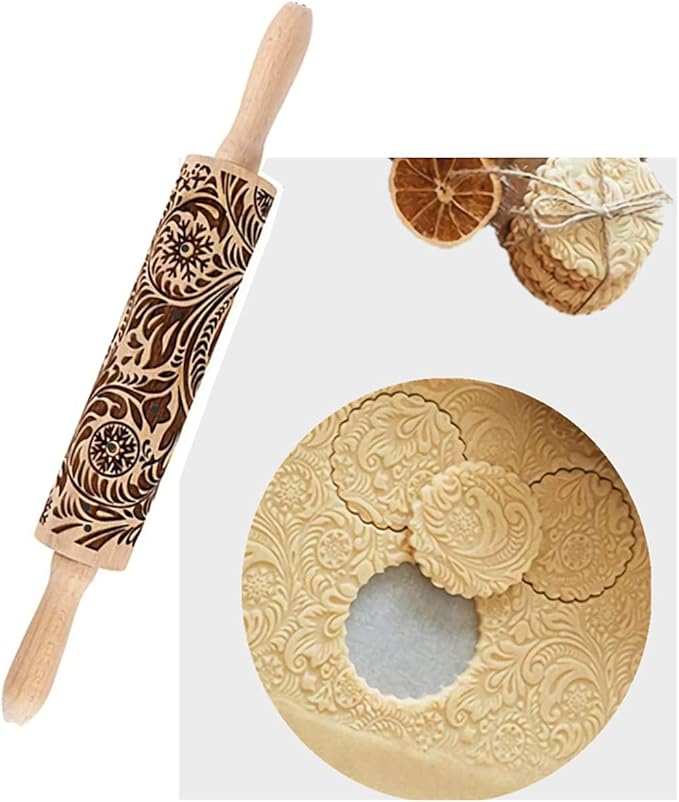 14.9"Paisley Engraved Embossed Rolling Pin, Christmas Snowflake Flower Pattern, Wooden Laser Engraved 3D Rolling Pin for Making Cookie Dough Crusts Pies Pastry