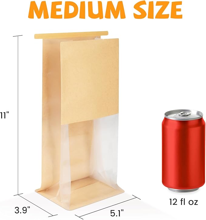 50 Pack Bakery Bags with Window, 5.1x3.9x11 Inches Tin Tie Tab Lock Resealable Cookie Bags for Packaging Bagels, Bread Loaf, Pastry, Baked Goods