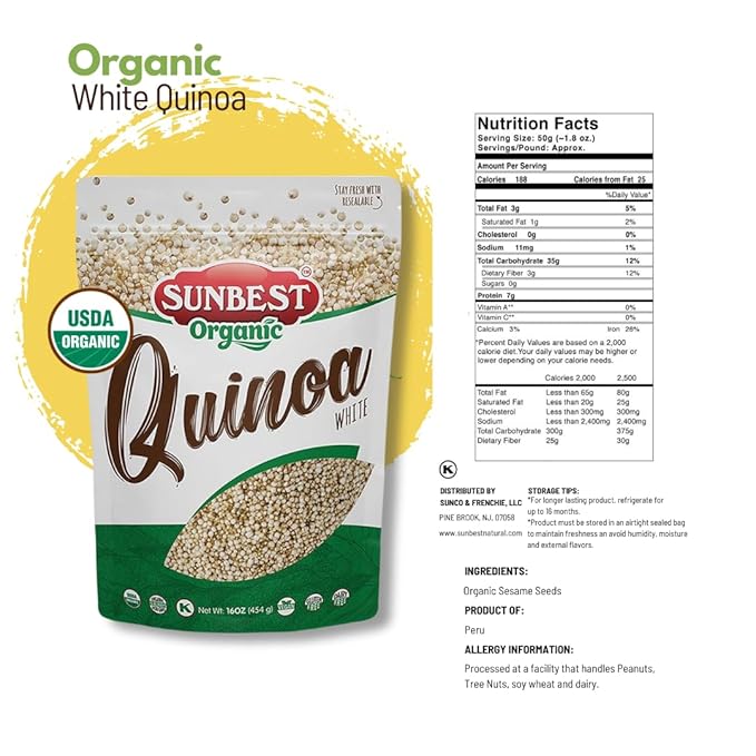 Sunbest Natural Organic White Quinoa, 2-Pack (16 oz each) of Non-GMO, Vegan, Kosher, Gluten-Free – Premium Quality Quinoa Organic Superfood