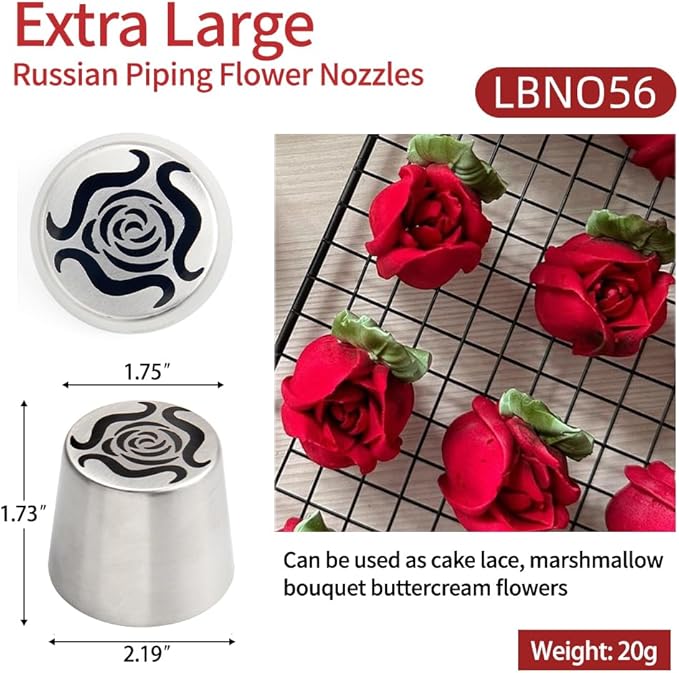 Extra Large Russian Piping Tip Set - 6 Stainless Steel Marshmallow Buttercream Framing Nozzles for 3D Roses Tulip Cake Decorations and Marshmallow Bouquets, Includes 1 Cleaning Brush(6F)
