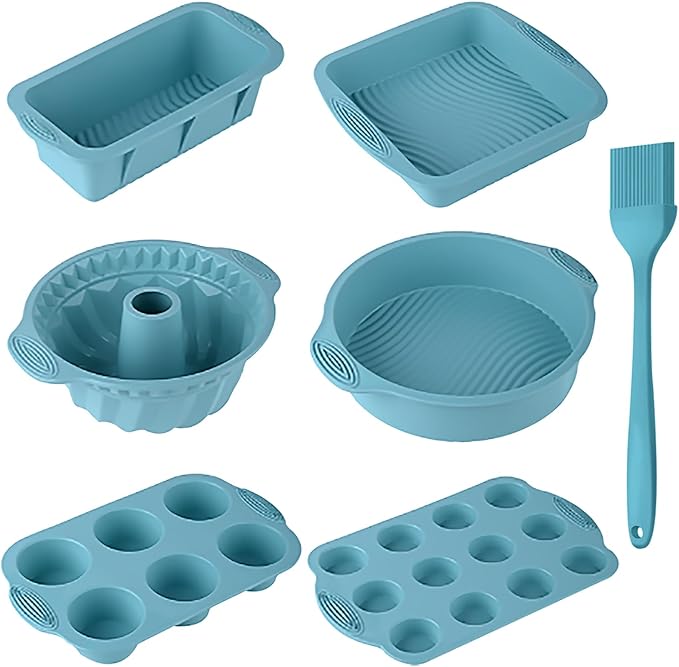 7in1 Nonstick Silicone Baking Cake Pan Cookie Sheet Molds Tray Set for Oven, BPA Free Heat Resistant Bakeware Suppliers Tools Kit for Muffin Loaf Bread Pizza Cheesecake Cupcake Pie Utensil
