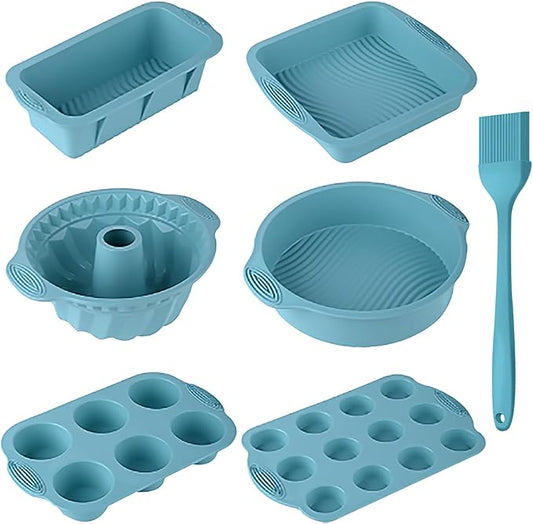 7in1 Nonstick Silicone Baking Cake Pan Cookie Sheet Molds Tray Set for Oven, BPA Free Heat Resistant Bakeware Suppliers Tools Kit for Muffin Loaf Bread Pizza Cheesecake Cupcake Pie Utensil