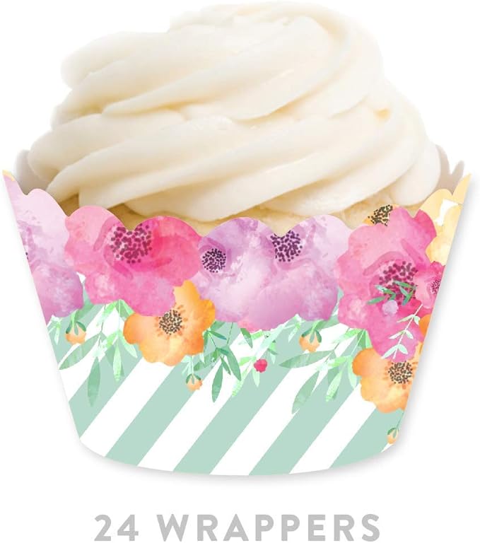 Andaz Press Party Cupcake Wrapper Decorations, Pink Floral Flowers on Mint Green Stripes, 24-Pack, For Girls 1st Birthday Baby Bridal Shower Tea Party Themed Decorations