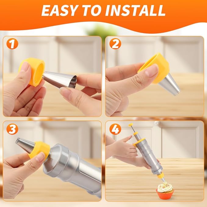 18Pcs Dessert Decorating Syringe Set, Stainless Steels Icing Piping Kit Cake Decorating Tools with 6 Piping Tips & 9 silicone Cupcakes, Cupcake Decorating Kit(COLOR:Yellow)